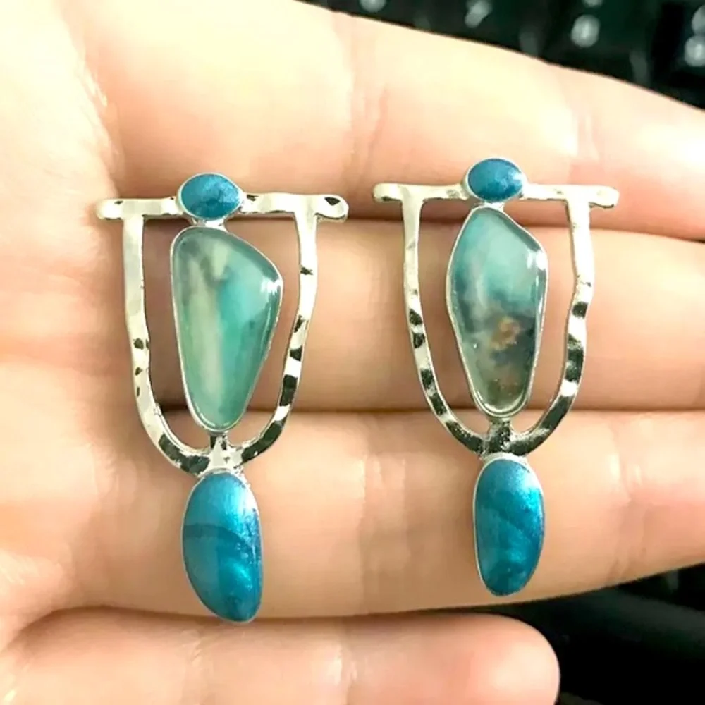 Silver Turquoise Drop Earrings - Blue-Green Stones